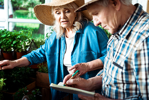 selective focus of senior woman talking with husband writing in notebook