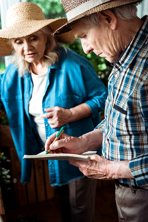 selective focus of senior man writing in notebook near wife