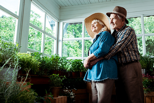 low angle view of happy senior man hugging cheerful wife in straw hat