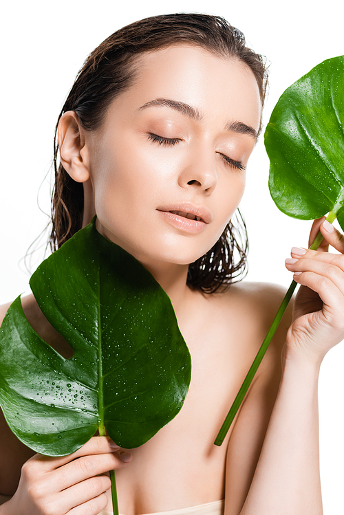 wet naked young woman with closed eyes holding green palm leaves with water drops isolated on white