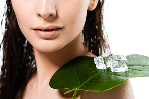 cropped view of beautiful wet naked young woman with ice cubes on green leaf isolated on white