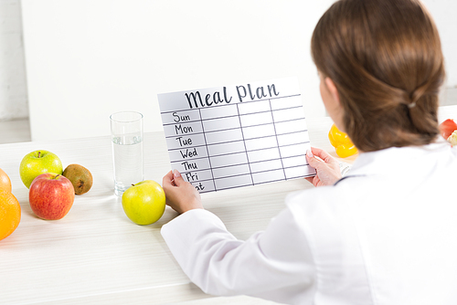 back view of dietitian holding meal plan at workplace