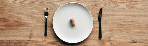 panoramic shot of plate with cork and cutlery on wooden surface