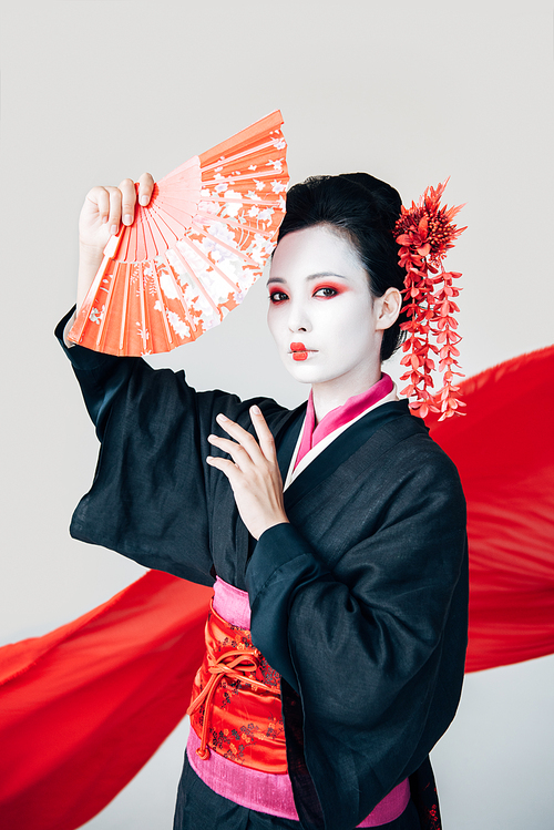 beautiful geisha in black kimono posing with hand fan and red cloth on background isolated on white