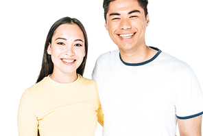 happy asian man and woman smiling while  isolated on white