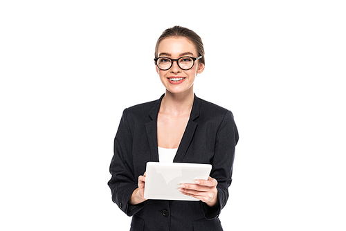 young happy successful businesswoman in black suit and glasses using digital tablet isolated on white