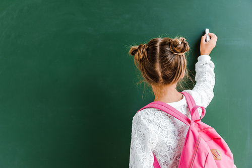 back view of schoolchild holding chalk near chalkboard on green