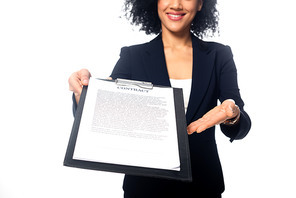 Cropped view of african american businesswoman smiling and showing contract isolated on white