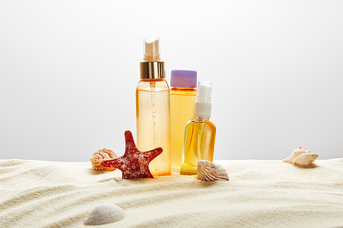 products for suntan in three transparent bottles in sand with seashells and starfish on grey background