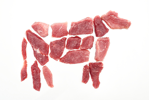 top view of cow image made with meat peaces isolated on white