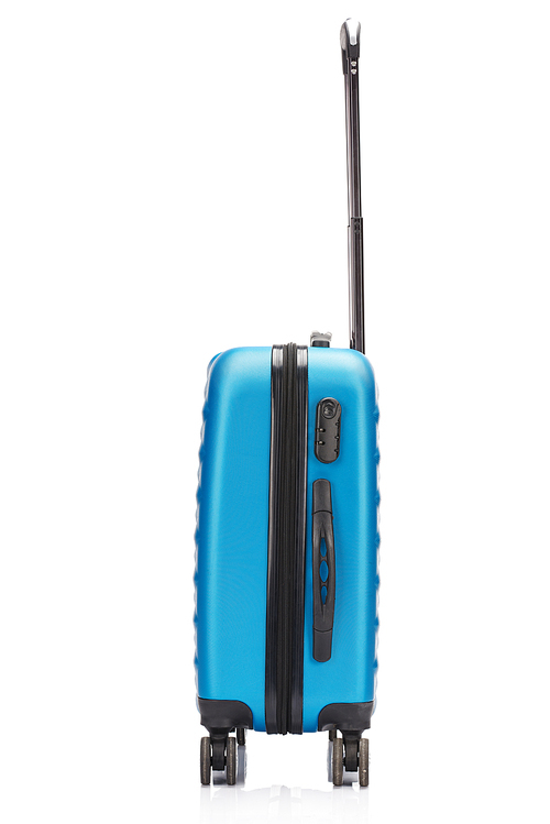 side view of blue wheeled colorful suitcase with handle isolated on white