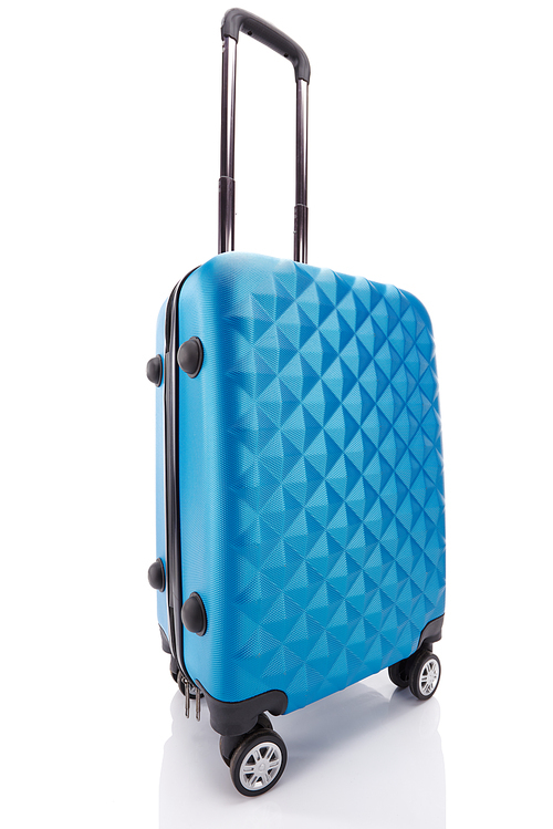 blue textured wheeled colorful travel bag with handle isolated on white