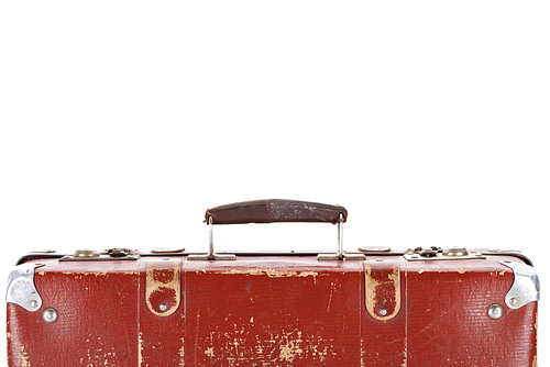 close up view of handle on retro brown suitcase isolated on white