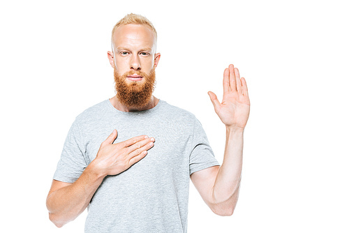 portrait of serious bearded man giving a swear with hand up and hand on heart, isolated on white