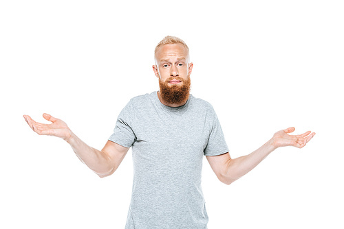 handsome bearded man with shrug gesture, isolated on white