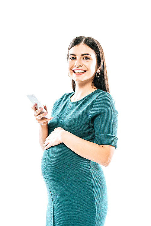 smiling pregnant girl using smartphone isolated on white