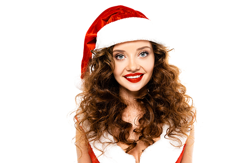 happy curly girl posing in santa costume, isolated on white