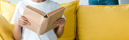 panoramic shot of kid holding book at home