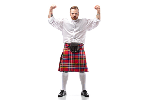 strong Scottish redhead man in red kilt showing fists on white background