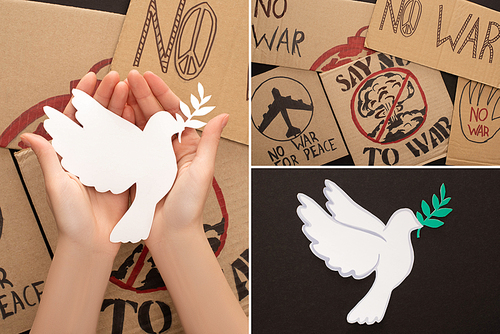 collage of woman holding white dove above no war placards on black background