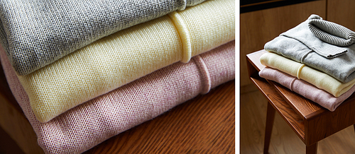 collage of pink, beige and grey knitted soft sweaters on wooden table in room