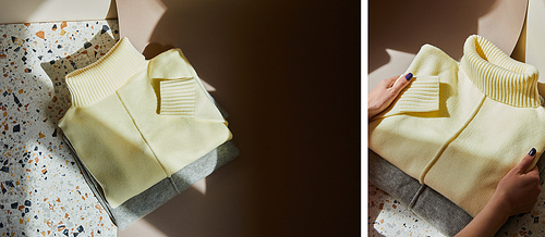 collage of woman holding yellow and grey knitted soft sweaters on stone and paper surface in sunlight
