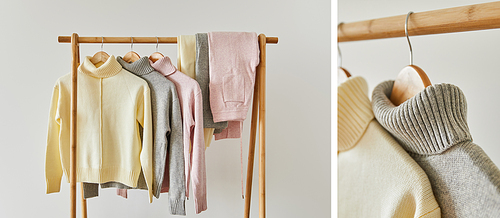 collage of grey, pink and beige knitted soft sweater and pants hanging on wooden hanger isolated on white