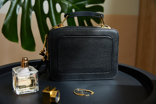 leather handbag near golden earrings, perfume on black table near tropical leaf