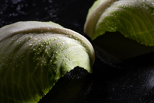 close up view of wet green cabbage leaves on black