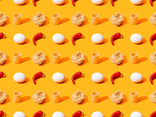 fresh white chicken eggs, pasta and chili peppers on orange colorful background, seamless pattern