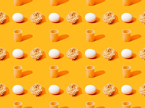 fresh white chicken eggs, pasta on orange colorful background, seamless pattern