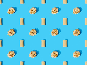 top view of fresh pasta on blue colorful background, seamless pattern