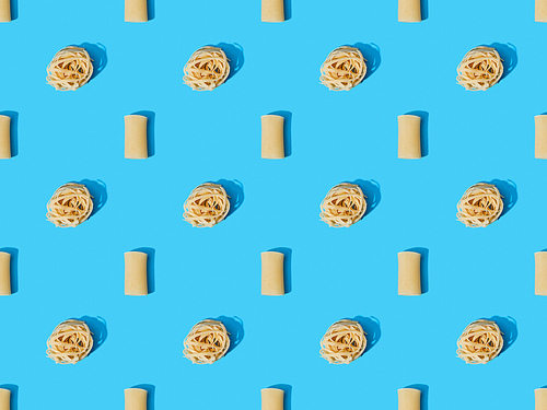 top view of fresh pasta on blue colorful background, seamless pattern
