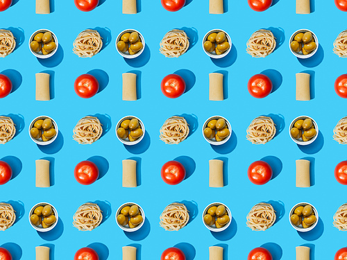 top view of fresh pasta with olives, tomatoes on blue background, seamless pattern