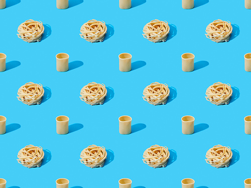 fresh pasta on blue colorful background, seamless pattern