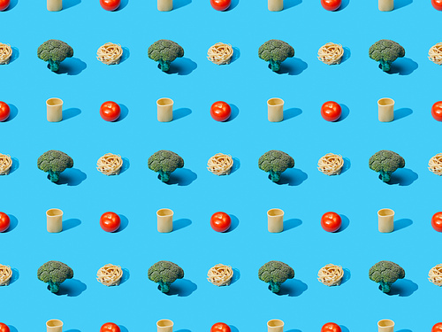 fresh pasta with broccoli and tomatoes on blue background, seamless pattern
