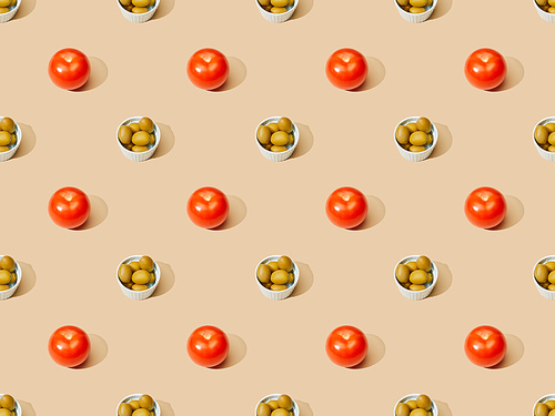 olives in bowls with tomatoes on beige background, seamless pattern