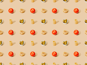 fresh pasta with olives and tomatoes on beige background, seamless pattern