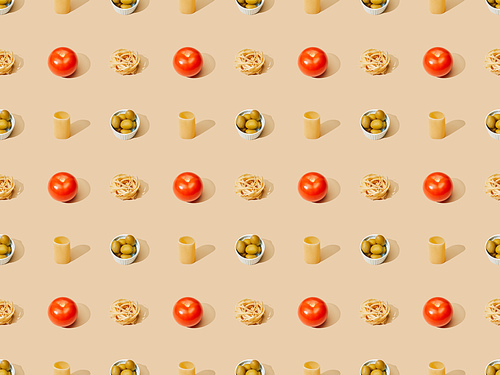 fresh pasta with olives and tomatoes on beige background, seamless pattern