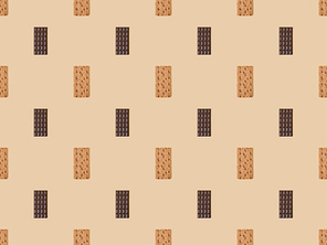 top view of sweet dark chocolate bars and crispbread on beige background, seamless pattern