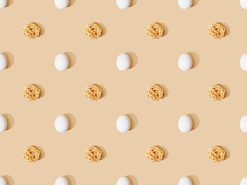 top view of fresh pasta with eggs on beige background, seamless pattern