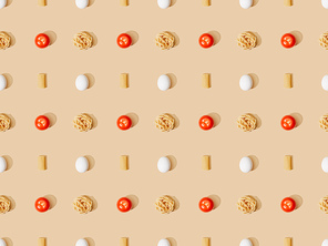 top view of fresh pasta with eggs and tomatoes on beige background, seamless pattern