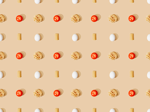 top view of fresh pasta with eggs and tomatoes on beige background, seamless pattern