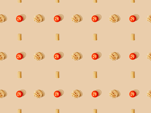 top view of fresh pasta with tomatoes on beige background, seamless pattern
