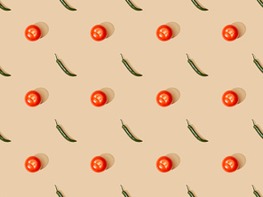 top view of tomatoes and jalapenos on beige background, seamless pattern