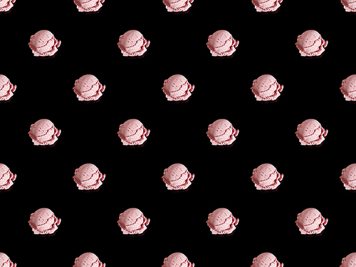 delicious pink strawberry ice cream isolated on black, seamless pattern
