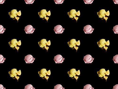 delicious lemon and strawberry ice cream balls isolated on black, seamless pattern