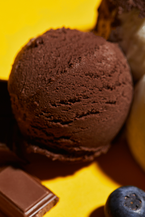 close up view of tasty brown ice cream with blueberry and chocolate