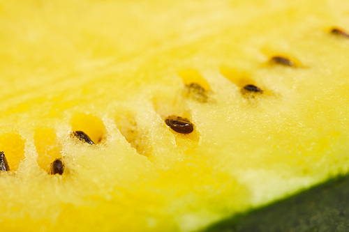 close up view of yellow ripe watermelon with seeds