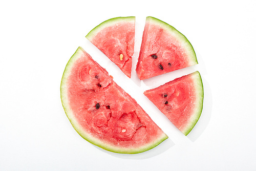 top view of round cut delicious juicy watermelon on white background
